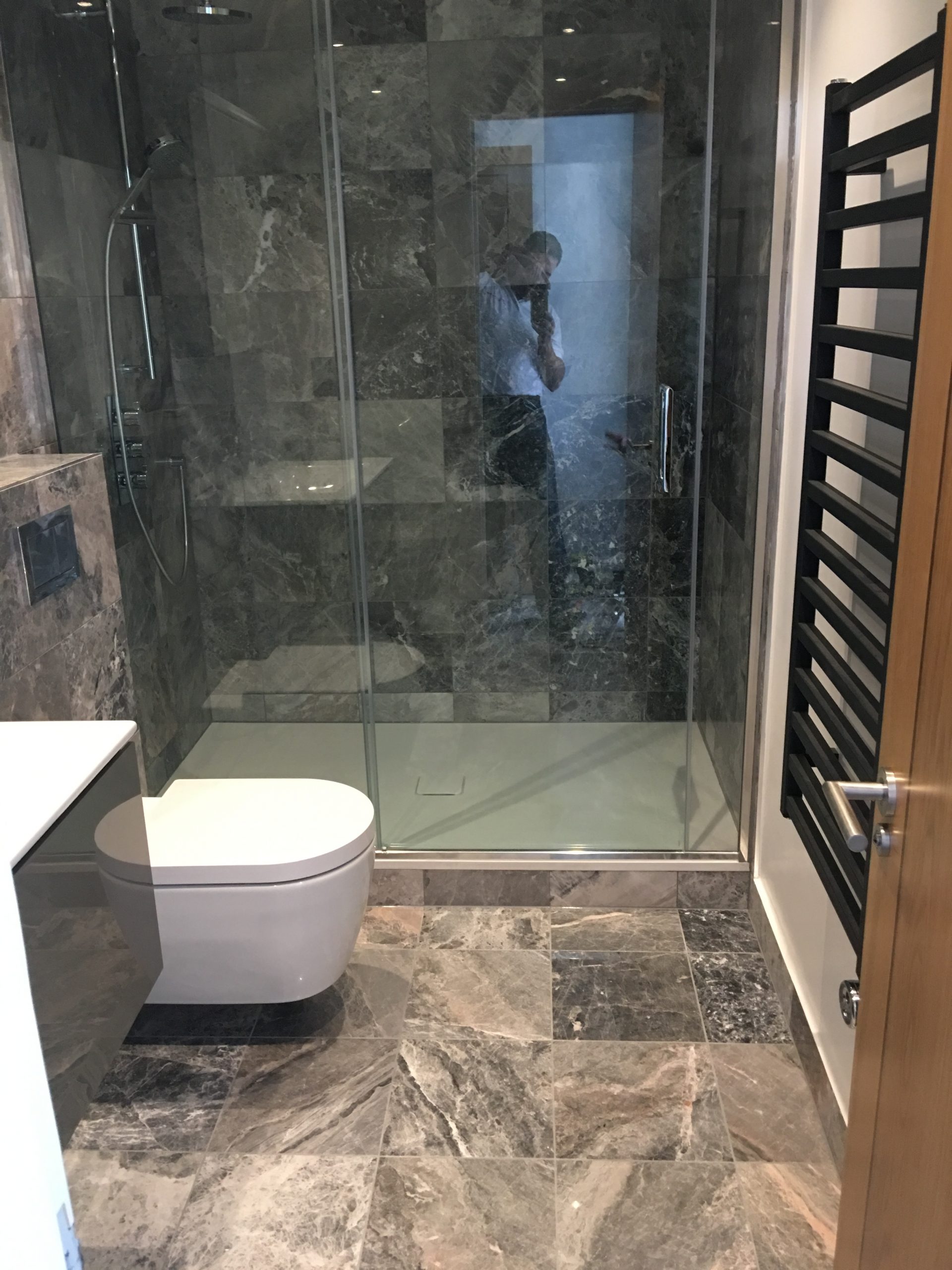 Modern bathroom refurbishment with walk-in shower in South London