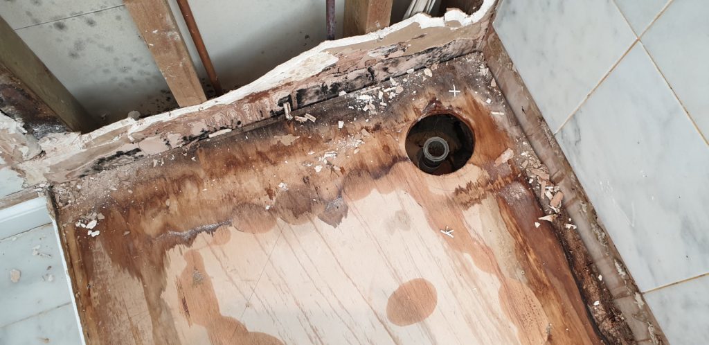 Water damage to bathroom floor caused by a leaking shower tray and waste connection.